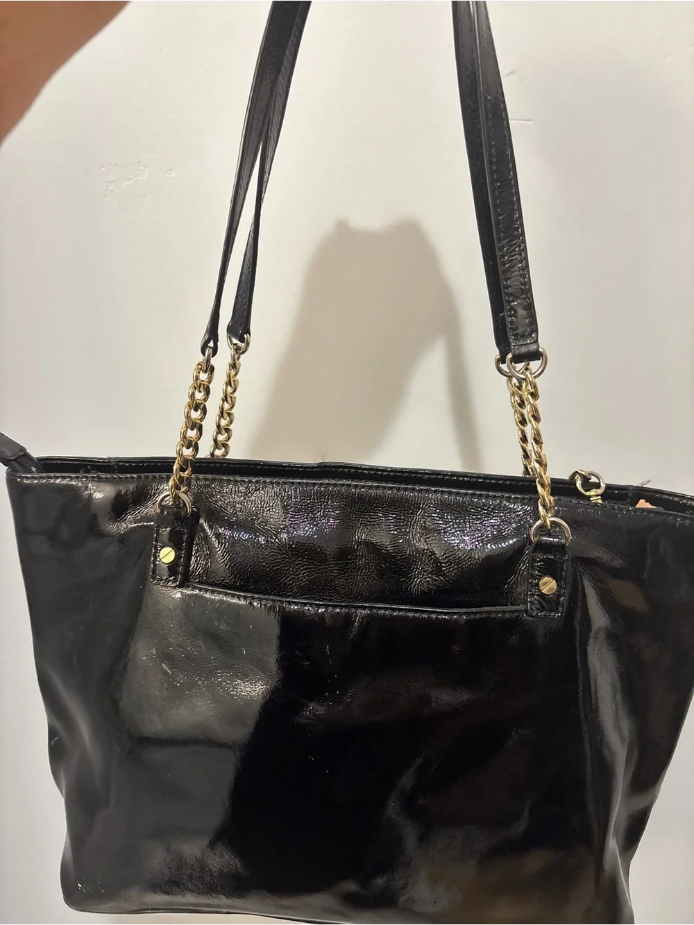 Michael Kors Black Patent Tote with Gold Chain Accents and Cherry Charm